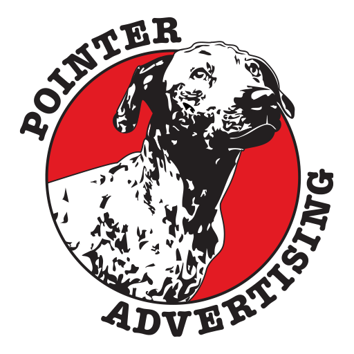 Pointer Advertising Logo - Black serif type around circle with illustrated dog